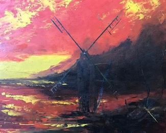 Oil on Board, Landscape w Windmill