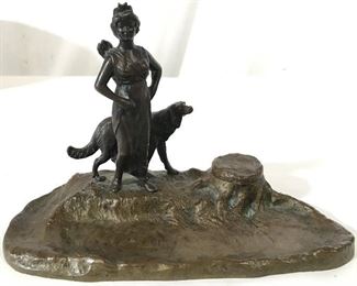 Signed Bronze Inkwell W Dog & Female Figural