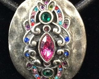 Multi Color Rhinestone & Metal Pendant Necklace
