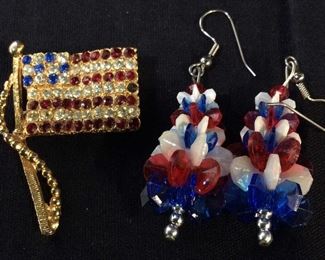 Rhinestone American Flag Pin, Dangle Earrings