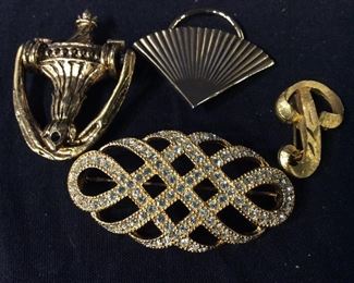 Lot 5 Gold Tone Brooches, Band, Scarf Clip