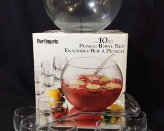 Pier 1 Imports Glass Punch Bowl 10 pc Set, Org Box