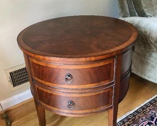 $175 Ethan Allen inlay, two-drawer round side table 26" diameter by 26.5 inches tall