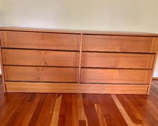 $150 Large teak veneer low 6 drawer dresser 67.5 inches long by 28.5 inches high by 18 inches deep 