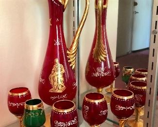 $80 Raspberry gold trim pitcher with glasses 14.5" Tall, glasses 4" tall