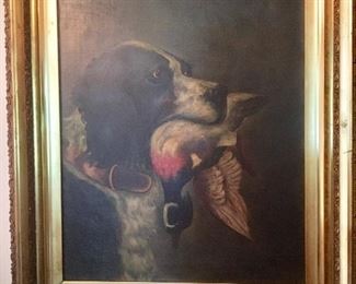 $395 Hunting dog with bird signed 