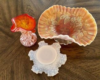 $70 Lot of 3 vintage bubble and fluted glass pieces, orange fluted dish 9 " at it's widest part