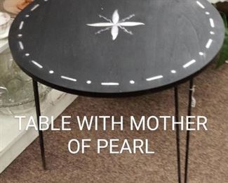 TABLE WITH MOTHER OF PRARL INLAY, HAIRPIN LEGS...65.00
