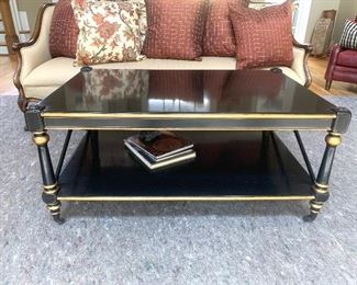 4’ by 32” black coffee table (gold accent trim) 