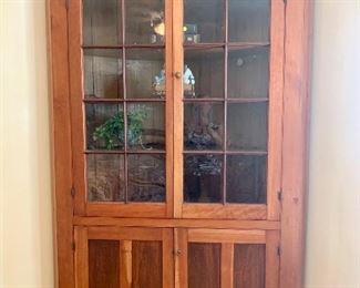antique corner cupboard with original glass panes, approx 29” deep by 55” wide