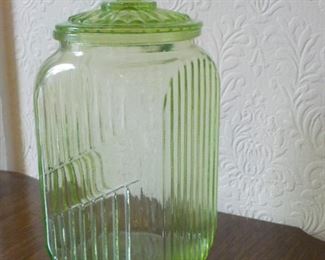 Vintage vaseline ribbed glass canister c.1930. $25