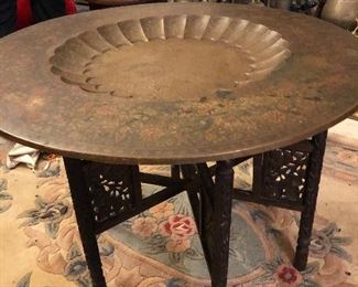 Wonderful detailed brass tray and stand.  Middle Eastern or Turkish/Persian.