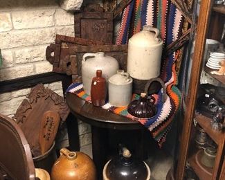 Texas room with lots of crocks including a beehive crock, Lovefield, and Mexican trays.