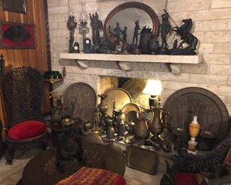 Antique and vintage sculptors, garnitures, 2 Jewish Moroccan brass trays with star of David, Persian, Indian, Turkish, Middle Eastern brass trays, Pitchers-ewers, pots, and more.