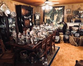 Vintage Indonesian heavily carved dining table with 8 chairs purchased from Missionaries in the 1960s.  The Asian room full of antique Mason plates with Imari colors, and so much more.