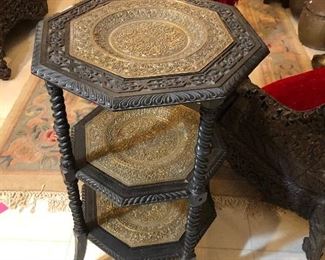 Anglo Indian intricately carved tiered brass tray stand.