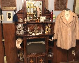 Pretty English Edwardian marquetry etagere with more Irice perfume bottles, fur and vintage purses.
