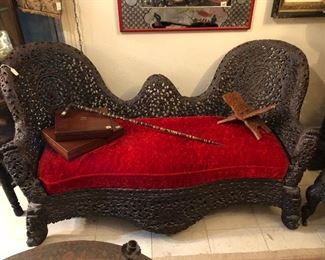 horn and inlaid bone cane.  English wooden boxes.