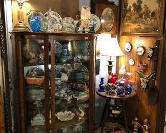 The Tropics with a fabulous vintage Hula Girl Lamp, 2 Parrots lamp, State plates, American pottery including McCoy, Van Briggle, California pottery, and more.  Fun vintage turquoise restaurant ware.  Glass balls made in Japan, vintage wall pockets.