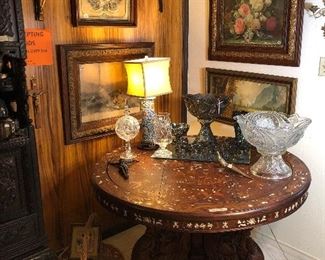 Antique Chinese inlaid round table-amazing, carnival glass punch bowl, antique Chinese porcelain lamp, crucifixes.