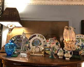 Hula lamp and the awesome parrot lamp.  Fenton glass mermaid.  Cool seashell clock.