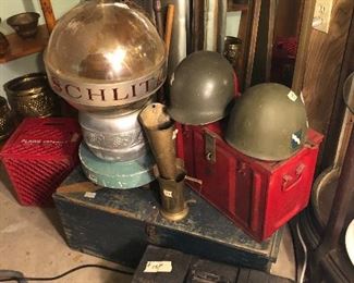 vintage schlitz lighted advertising globe, red ammo box.