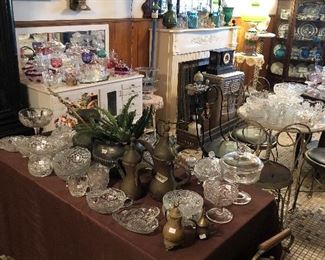 vintage bedouin teapots, Early American Pressed Glass, vintage glassware, and copper kettles.