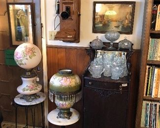Gone with the Wind Lamps and antique record cabinet.