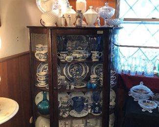 Antique and vintage blue willow and milk glass.