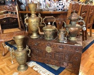 Vintage Chinese carved chest, 2 antique Chinese brass vases, cool copper and brass kettles