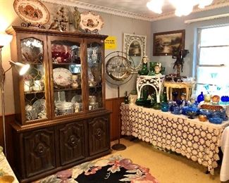 Fabulous vintage bird cage, carnival glass and dishes.