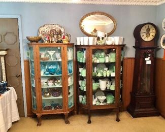 Antique grandfather clock.  Jadeite and milk glass, Fenton and colored glass.