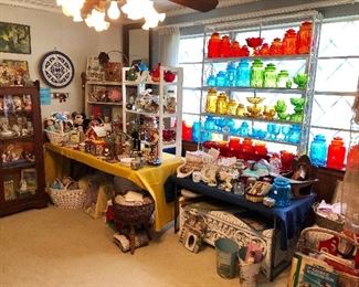 LE Smith Moon and Stars vintage canisters, doilies, wicker and more.