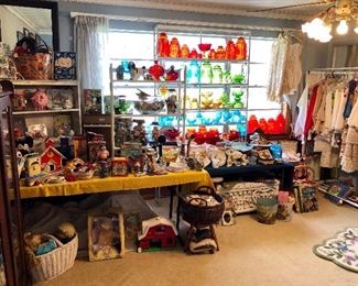 L.E. Smith vintage Moon and Stars colorful canisters and glassware.  The kids room with Cabbage Patch, Fisher Price, books, tea sets, large firkin, wicker, tablecloths, some vintage clothes, and more.