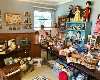 Scarce 1960 one year only life-size Patti Playpal and friend, 4 sewing machines including Viking and Singer, and kids piano.