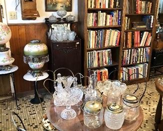 Wonderful record cabinet with EAPG including paneled thistle.