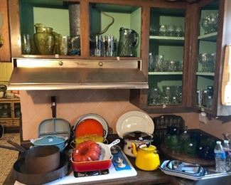 Copper kettles, enamelware, Le Crueset vintage.