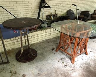 cool wooden table with metal legs and horseshoes!