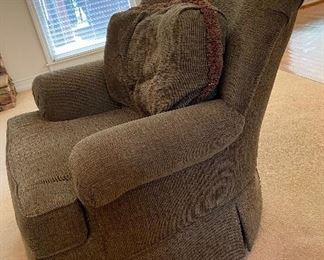 Grey/Brown Fabric Arm Chair-Approximately 38” Wide X 34-1/2” Tall X 40” Deep X 18” Seat Height