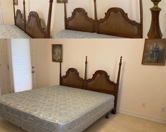 California King Vntage Pecan/Wicker Headboard with Brass Finials - Approximately 77-1/2” Wide X 58-3/4” Tall at Finials 