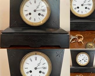 Black Marble Mantel Clock - Approximately 8-3/4” Tall X 9-3/4” Wide X 5-1/2” Deep