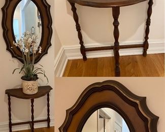 Vintage Mirror Approximately 23” X 35” with 1/2 Round Pie Crust Table - Approximately 24-1/2” Tall X 24” Wide X 13” Deep