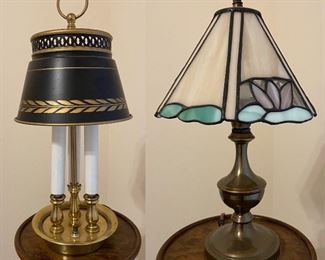 Small Lamps : Tole Candle Lamp -Approximately 15” tall, Stained Glass Lamp 13-1/2” Tall