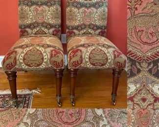 Pair Wooden Legs on Casters Fabric Parsons Chairs - Approximately 37-1/2” Tall Back X 25-1/4” Deep X 20-1/2” Tall Seat X 18-1/4” Wide