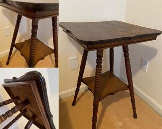Antique Barley Twist  Tiger Oak Pedestal 2 Tiered  Table - Approximately 29” Tall X 20”X20” Square 