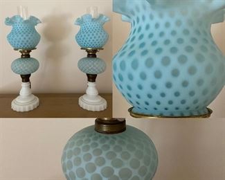 Rare Pair Gone With The Wind Fenton Opalescent Coin Dot Lamps with Milkglass Bases