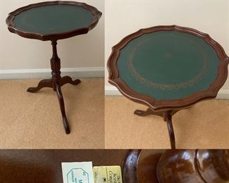 Teal Leather Top Bombay Co. table-Approximately 20” Tall X 13-1/2” Diameter 