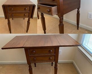 Antique Small 2 Drawer Drop Leaf End Table - Approximately 29” Tall X 22-1-2” Deep X 38-1/2” Wide when open