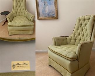 Manor House Furniture Co Vintage Hollywood Regency Tufted Fabric High Back Chair - Approximately 39-1/2” Tall Back X 31-3/4” Wide at Arms X 16-1/2 to 17” Seat Height X 32” Deep 
