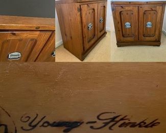 Signed Young - Hinkle Knotty Pine 2 Door small chest with Slate Top-Approximately 30” Tall X 30” Wide X 18” Deep 2 available 